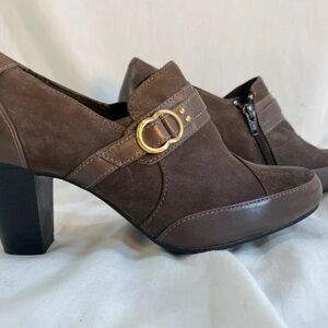 Clarks Brown Heeled Boots with Gold Accent